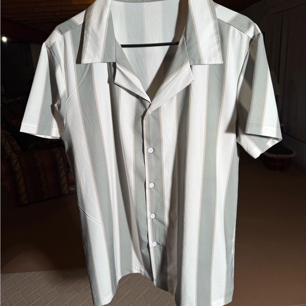 Men's Striped Button Down Shirt - Green and White